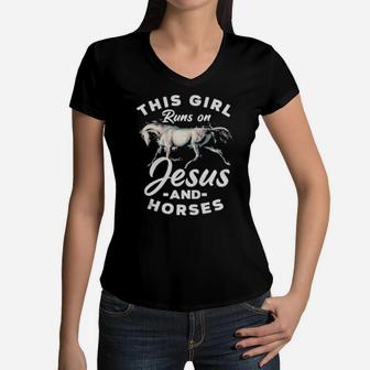 This Girl Runs On Jesus And Horses Christian Horse Rider Women V-Neck T-Shirt - Monsterry