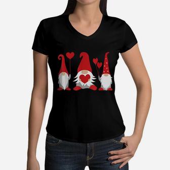 Three Gnomes Holding Hearts Valentines Boys Girls Kids Women V-Neck T-Shirt | Crazezy DE