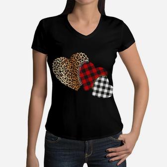 Three Hearts Leopard Plaid Girls Valentine's Day Girl Kids Women V-Neck T-Shirt | Crazezy CA