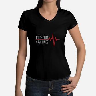 Tough Girls Save Life Heartbeat Women V-Neck T-Shirt | Crazezy UK