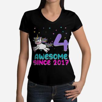 Unicorn 4Th Birthday Girl Gift Love Funny Awesome Bday 4 Yo Women V-Neck T-Shirt | Crazezy