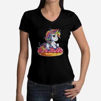 Unicorn Donut Girls Kids Rainbow Doughnicorn Squad Women V-Neck T-Shirt | Crazezy