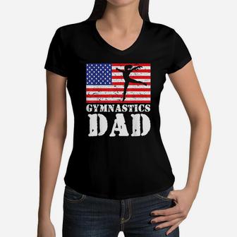 USA American Flag Gymnastics Dad Hobbie Gift Women V-Neck T-Shirt - Seseable