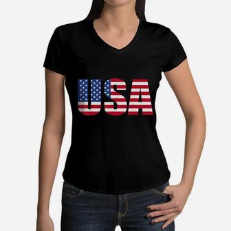Usa Patriotic American Flag For Men Women Kids Boys Girls Us Women V-Neck T-Shirt | Crazezy UK