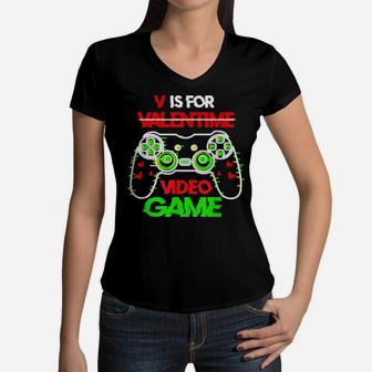 V Is For Video Games Awesome Valentines Day Gamer Boy Women V-Neck T-Shirt - Monsterry DE