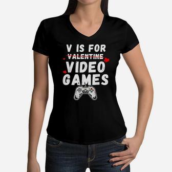 V Is For Video Games Valentines Day Video Gamer Boys Women V-Neck T-Shirt - Monsterry DE