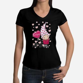 Valentines Day Bookkeeping Life Pink Gnome Holds Heart Balloon Women V-Neck T-Shirt - Seseable