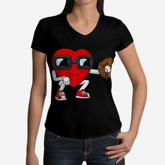 Valentines Day Heart Baseball Catcher Funny Boys Girls Kids Women V-Neck T-Shirt | Crazezy CA