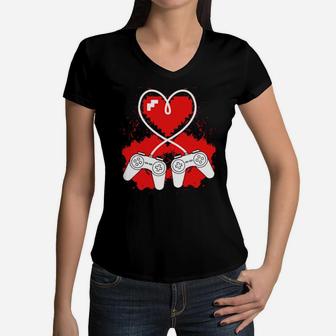 Valentine's Day Video Game Controller Heart Gamer Boys Women V-Neck T-Shirt - Monsterry
