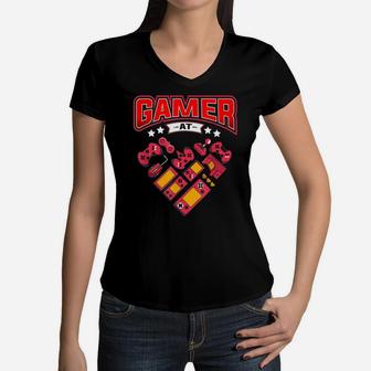 Video Gamer At Heart Gift Mens Boys Valentines Day Women V-Neck T-Shirt | Crazezy UK