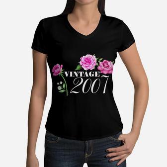 Vintage 2007 15 Years Old Flowers Birthday Gifts For Girls Women V-Neck T-Shirt | Crazezy