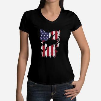 Vintage 4Th Of July Usa Flag Rodeo Cowboy Horse Women V-Neck T-Shirt | Crazezy CA