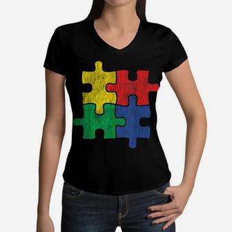 Vintage Autism Colorful Puzzle, Kids Autism Awareness Gift Women V-Neck T-Shirt | Crazezy