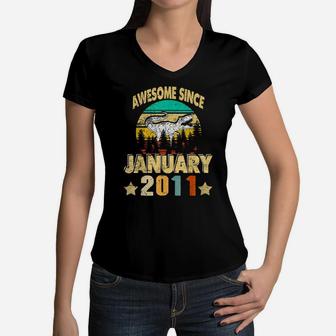 Vintage January 2011 10Th Birthday 10 Year Gift Dinosaur Boy Women V-Neck T-Shirt | Crazezy CA