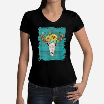 Vintage Sunflower Cow Skull Blue For Cowgirl Country Girl Women V-Neck T-Shirt | Crazezy