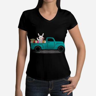 Vintage Truck Easter Egg Hunting Kids Teens Boys Women V-Neck T-Shirt | Crazezy DE