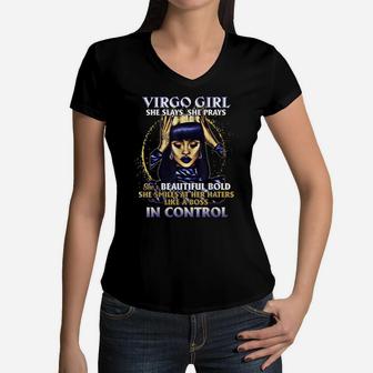 Virgo Girl She Slays She Prays Tshirt For Black Women Women V-Neck T-Shirt | Crazezy