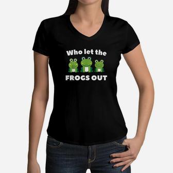 Who Let The Frogs Out Kids Preschool Frog Squad Frog Lover Women V-Neck T-Shirt | Crazezy