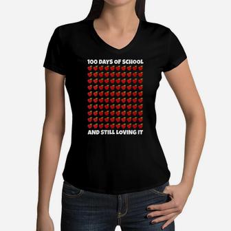 Womens 100 Days Of School And Still Loving It Apple Teacher Kids Women V-Neck T-Shirt | Crazezy