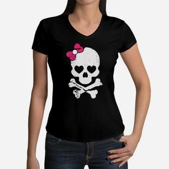 Womens Cute Skull And Cross Bone Pink Bow Tie Women Girls Adorable Women V-Neck T-Shirt | Crazezy