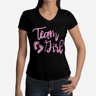 Womens Cute Team Girl Gender Reveal Baby Shower Women V-Neck T-Shirt | Crazezy UK