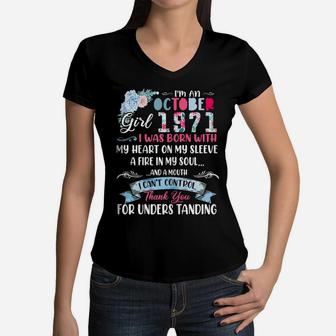 Womens Floral Girl 1971 50Th Birthday I'm A October 1971 Girl Women V-Neck T-Shirt | Crazezy AU