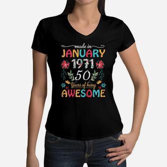 Womens January Girls 1971 Birthday Gift 50 Years Old Made In 1971 Women V-Neck T-Shirt | Crazezy AU