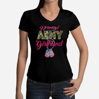 Womens Proud Army Girlfriend Camo Us Flag Dog Tag Military Lover Women V-Neck T-Shirt | Crazezy