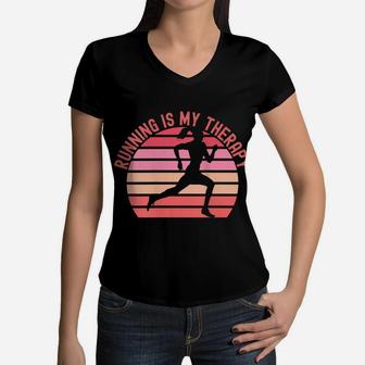 Womens Running Is My Therapy Girl Runner Retro Sunset Funny Women V-Neck T-Shirt | Crazezy AU
