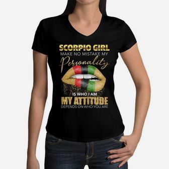 Womens Scorpio Girl Womens Melting Lips Black Zodiac Birthday Women V-Neck T-Shirt | Crazezy