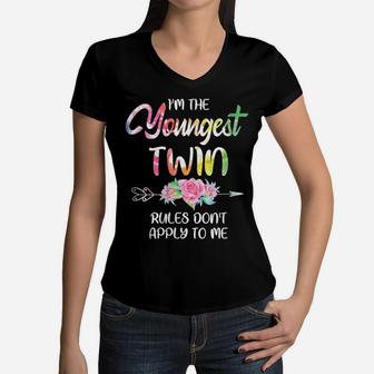 Womens Youngest Twin Shirt Girls Women Little Sister Matching Twins Women V-Neck T-Shirt | Crazezy