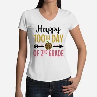 100Th Day Of 2Nd Grade Girls Gift 100 Days Of School Teacher Women V-Neck T-Shirt | Crazezy DE