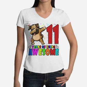 11Th Birthday Party Dabbing Pug - 11 Years Old Girls Boys Women V-Neck T-Shirt | Crazezy AU