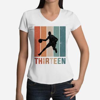13Th Birthday Retro Basketball Lovers Boys Kids 13 Years Old Women V-Neck T-Shirt | Crazezy CA