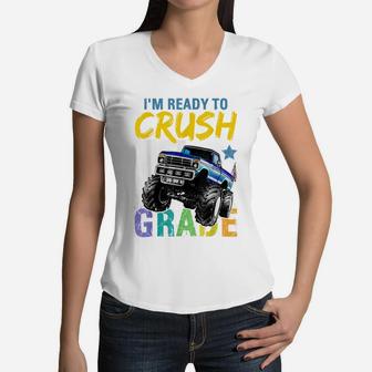 1St Grade Monster Truck Back To School Shirt Boys Gift Women V-Neck T-Shirt | Crazezy