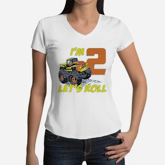 2 Year Old Boy Truck 2Nd Birthday Women V-Neck T-Shirt | Crazezy UK
