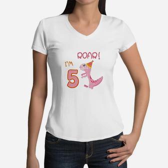 5Th Birthday Girl 5 Years Old Dinosaur Party Bday Women V-Neck T-Shirt | Crazezy UK