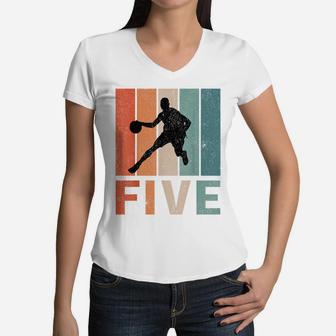 5Th Birthday Retro Basketball Lovers Boys Kids 5 Years Old Women V-Neck T-Shirt | Crazezy AU