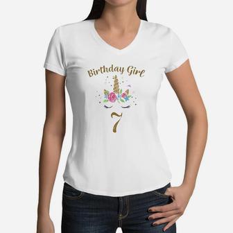 7Th Birthday Girl Unicorn Women V-Neck T-Shirt | Crazezy
