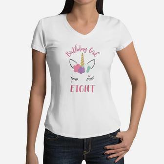 8Th Birthday Girl Unicorn Women V-Neck T-Shirt | Crazezy
