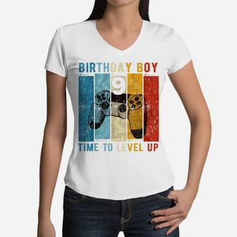 9 Year Old Birthday Boy 9 Time To Level Up 9Th Birthday Boy Women V-Neck T-Shirt | Crazezy