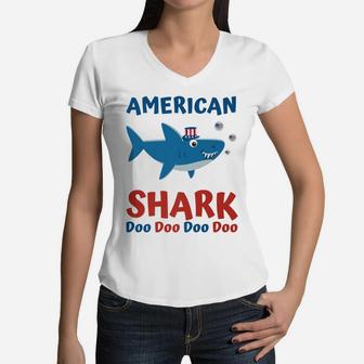 American Shark Doo Doo Shirt For Kids Women Men 4Th Of July Women V-Neck T-Shirt | Crazezy