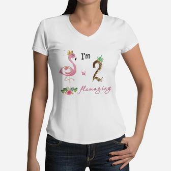 Amztm 2Nd Birthday Girl Flamingo Party 2 Years Old Bday Women V-Neck T-Shirt | Crazezy UK