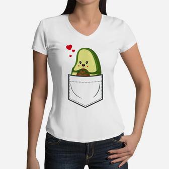 Avocado In Breastpocket - Cute Funny Kids Avocado Pocket Women V-Neck T-Shirt | Crazezy