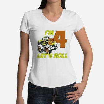 Birthday Gift For 4 Year Old Boy Truck 4Th Birthday Women V-Neck T-Shirt | Crazezy DE
