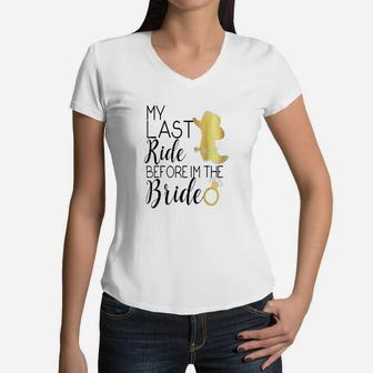 Bride Last Ride Cowgirl Boot Wedding Bachelorette Hen Women V-Neck T-Shirt | Crazezy