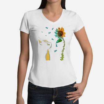 Cat Sunflower Polycystic Kidney Disease Women V-Neck T-Shirt | Crazezy