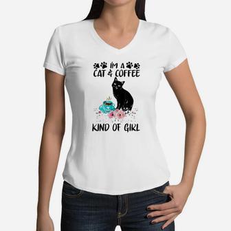 Cats Lover Cat And Coffe Kind Of Girl Women V-Neck T-Shirt | Crazezy CA