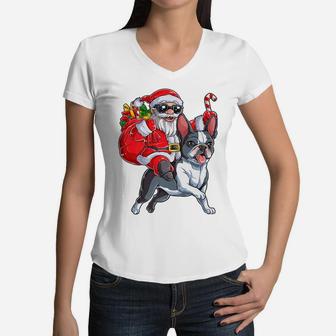 Christmas Santa Claus Riding Boston Terrier Xmas Boys Dog Women V-Neck T-Shirt | Crazezy UK