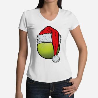 Christmas Tennis Ball Santa Hat Funny Sport Xmas Boys Kids Women V-Neck T-Shirt | Crazezy